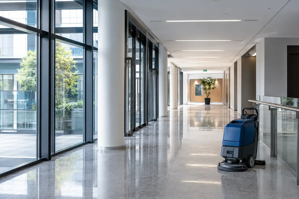 Professionell gereinigter moderner Gebäudeflur mit Reinigungsmaschine