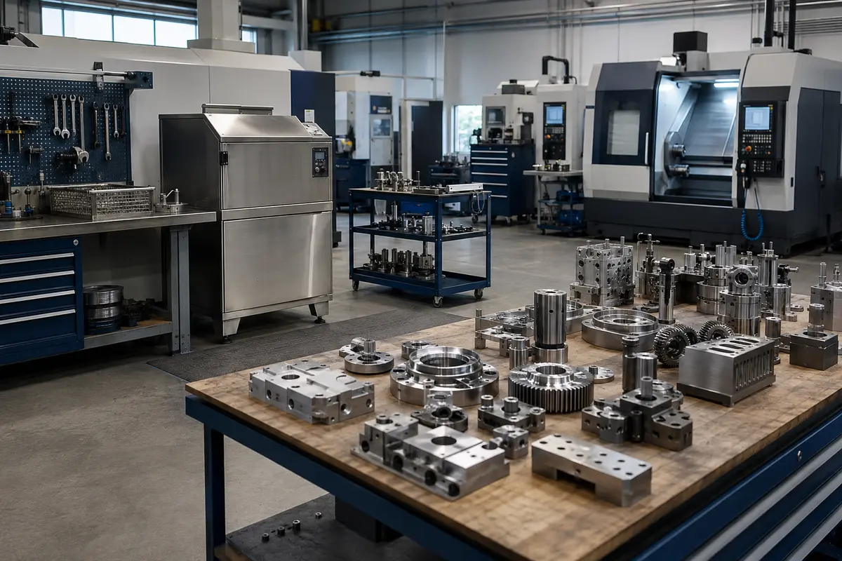 Saubere industrielle Werkstatt mit Maschinen und Metallbauteilen